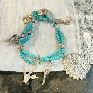 Vintage Sterling Silver Navajo Beaded Western Southwest Charm Bracelet Beaded